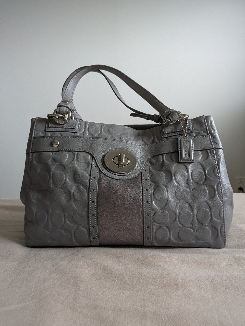 Coach Light Gray Quilted Satchel with Silver Metallic Stripe